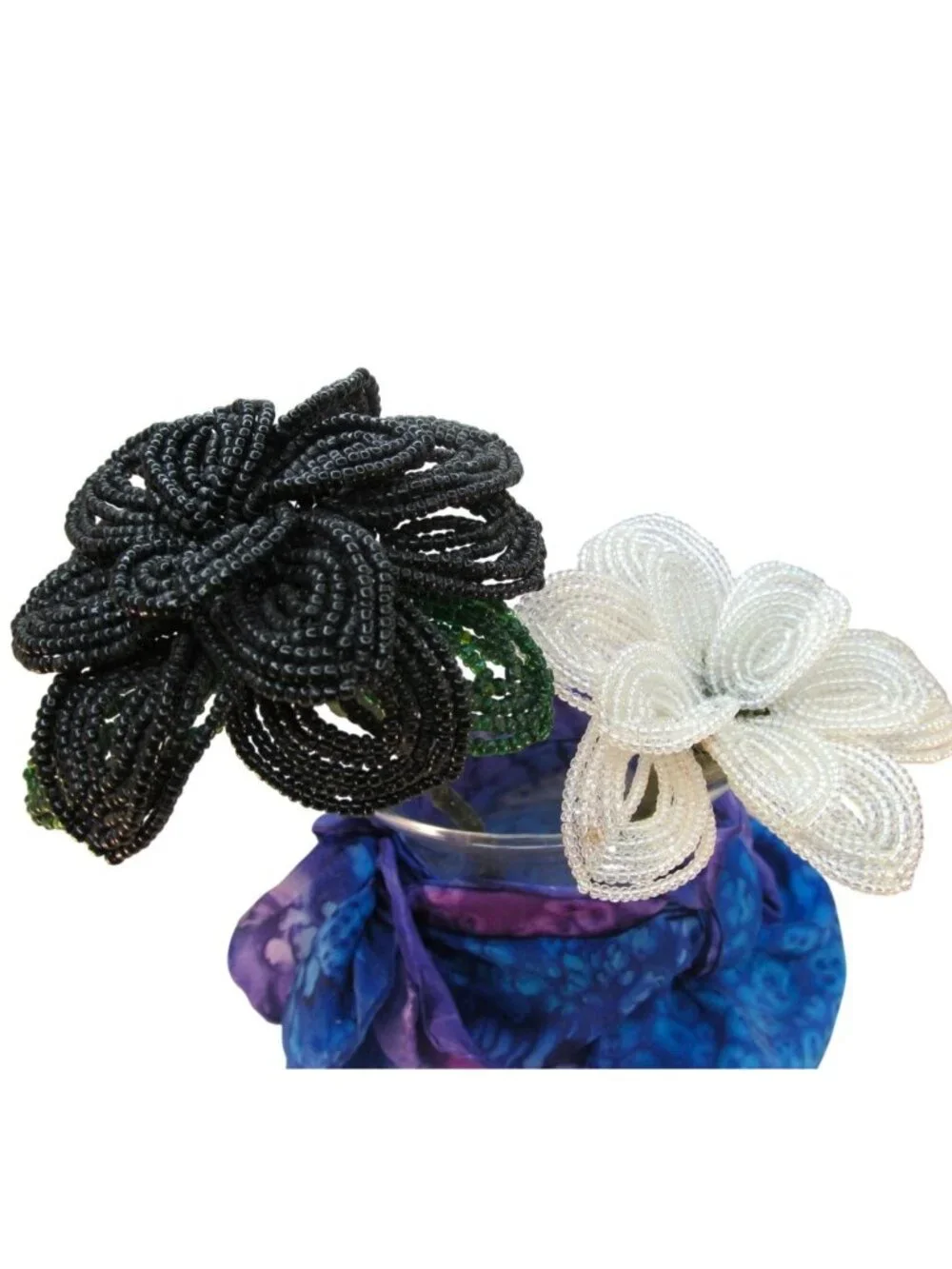 Artisan French Beaded Glass Flowers Handcrafted Black & White Floral Stem Lot 2